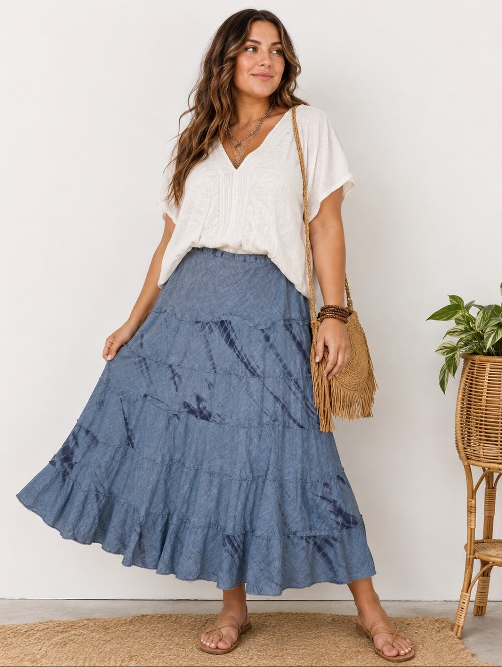 Blue Tie Dye Tiered Maxi Skirt PS Petite Small Boho Cotton Lined Cottage Core